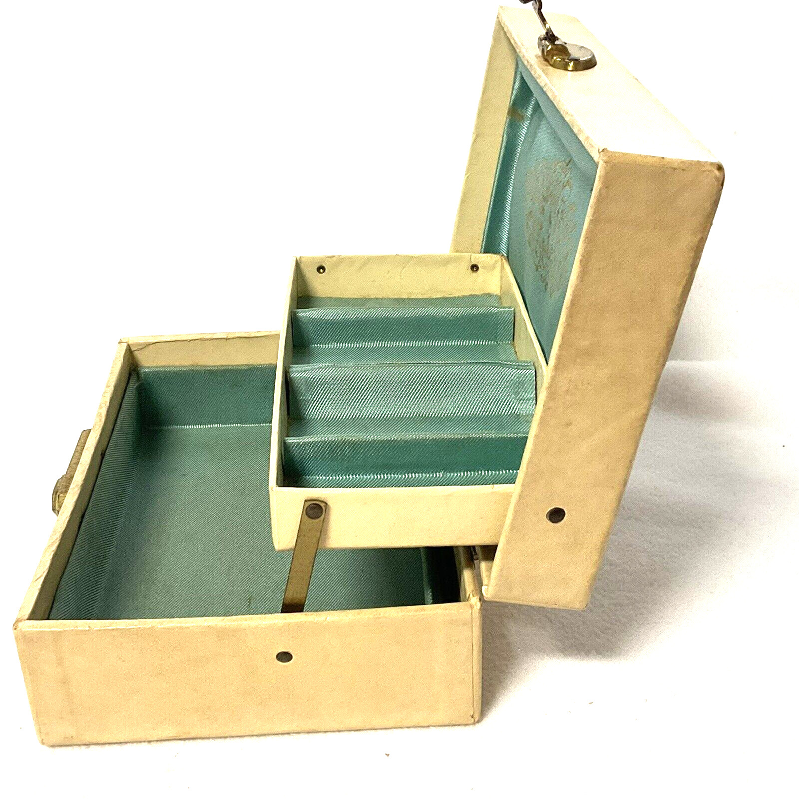 Vintage MCM 2 Level Beige/Gold Jewelry Box Sage Green Interior Flip Lock No Key