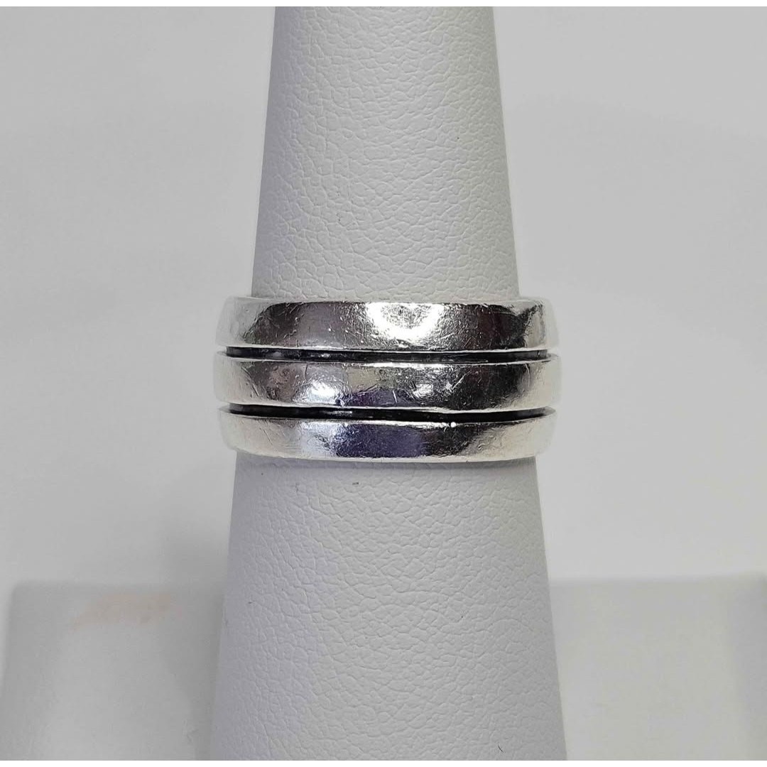 Vintage Mexican Double Grooved 3 Row 925 Sterling Silver 9.5mm Band Ring Size 7