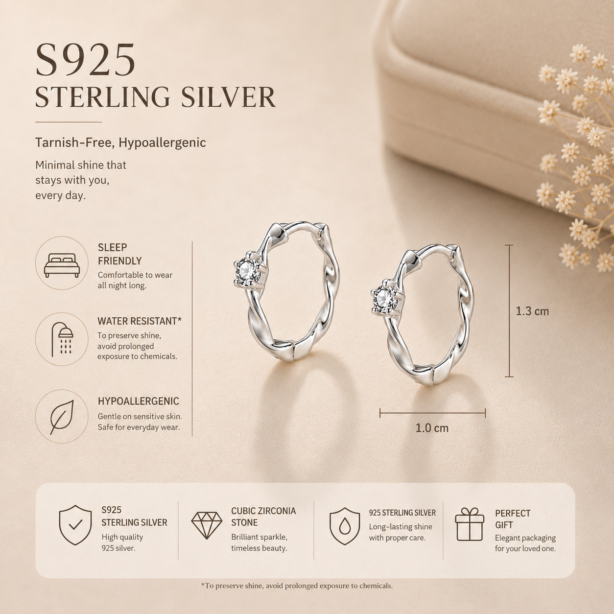 925 Sterling Silver Twisted Hoop Earrings for Women Minimalist 1.0 x 1.3 cm Gift