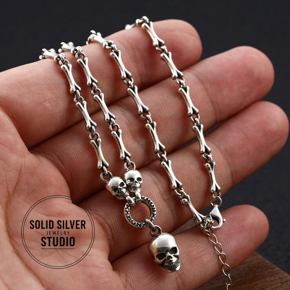 Authentic Solid S925 Sterling Silver Skull Bone Joining Necklace Pendant Chain