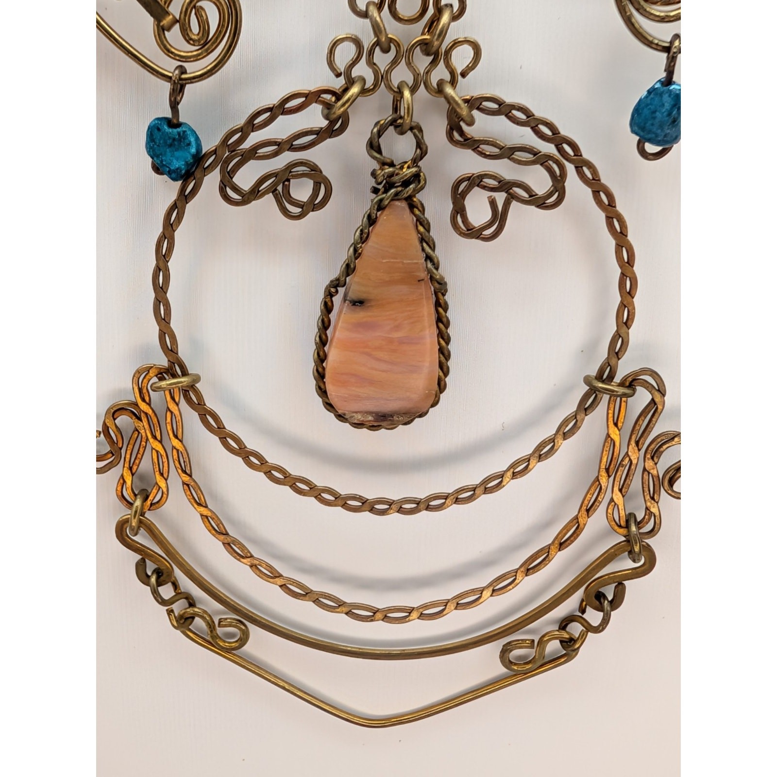 Vtg Handmade Intricate Brass Wire Twisted Filigree Necklace Natural Stone Accent