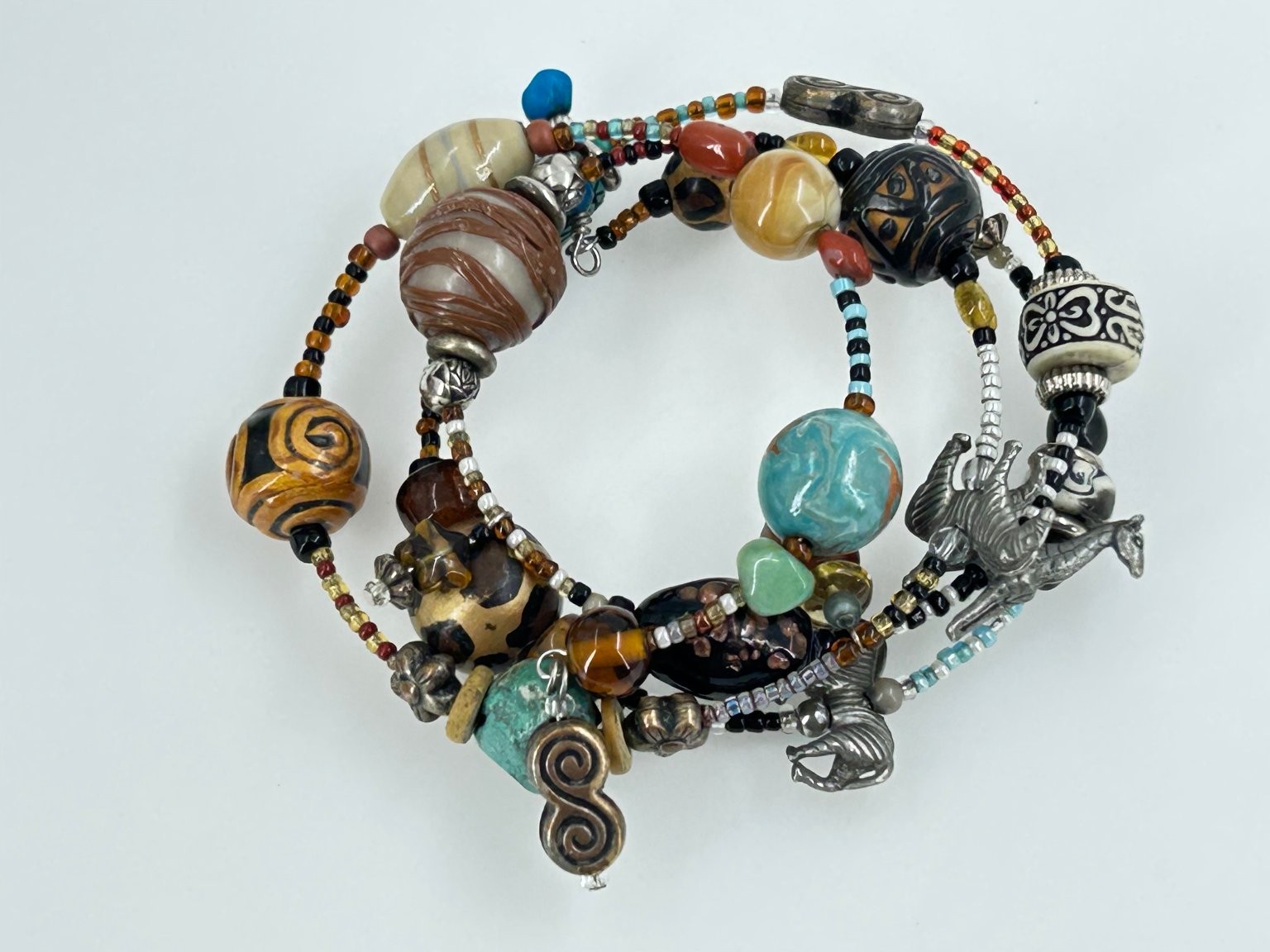 African Safari Memory Wire Bracelet Mixed Material Beads Elephant Zebra Charms
