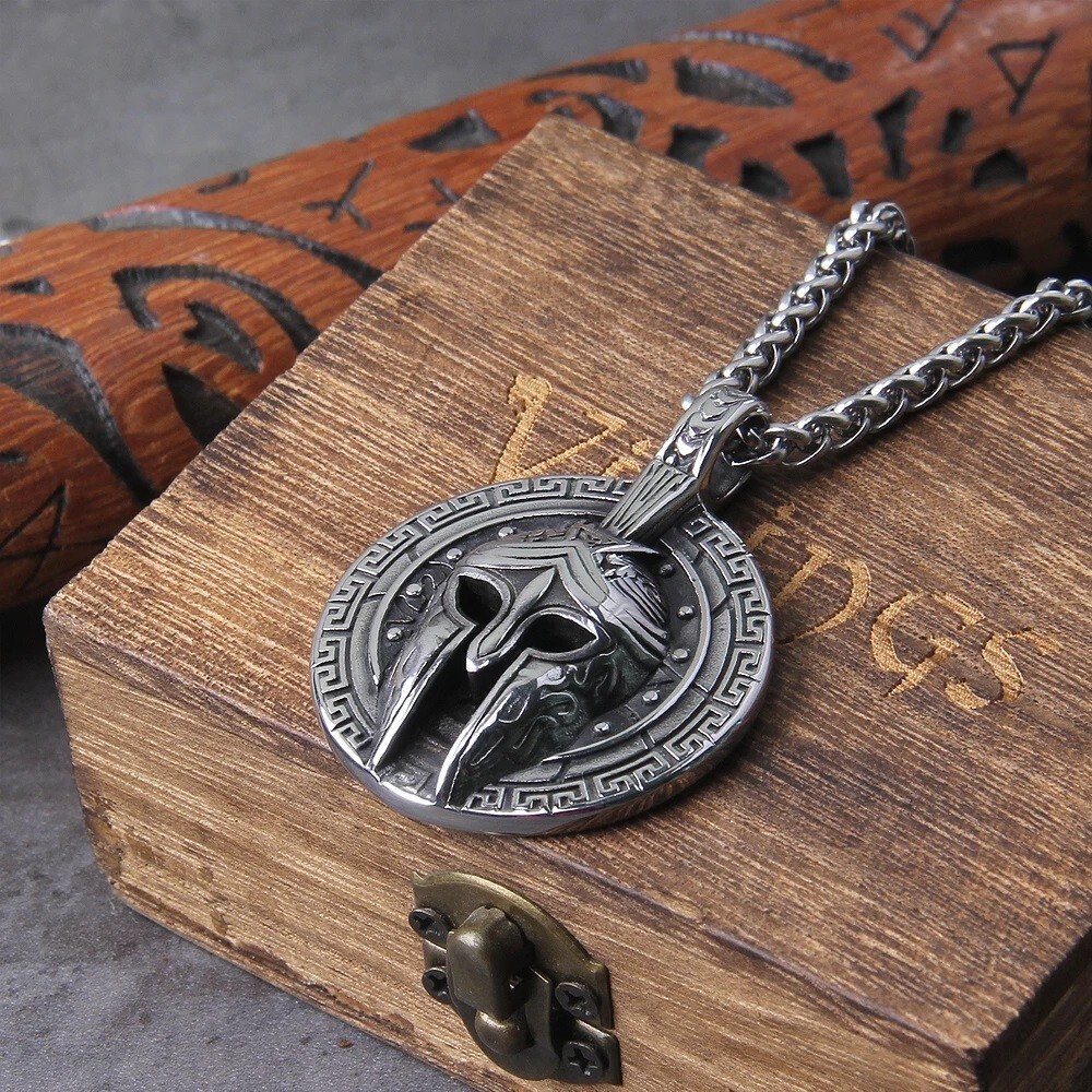 Ancient Greek Warrior Spartan Pendant Stainless Steel Necklace Mens Punk Jewelry