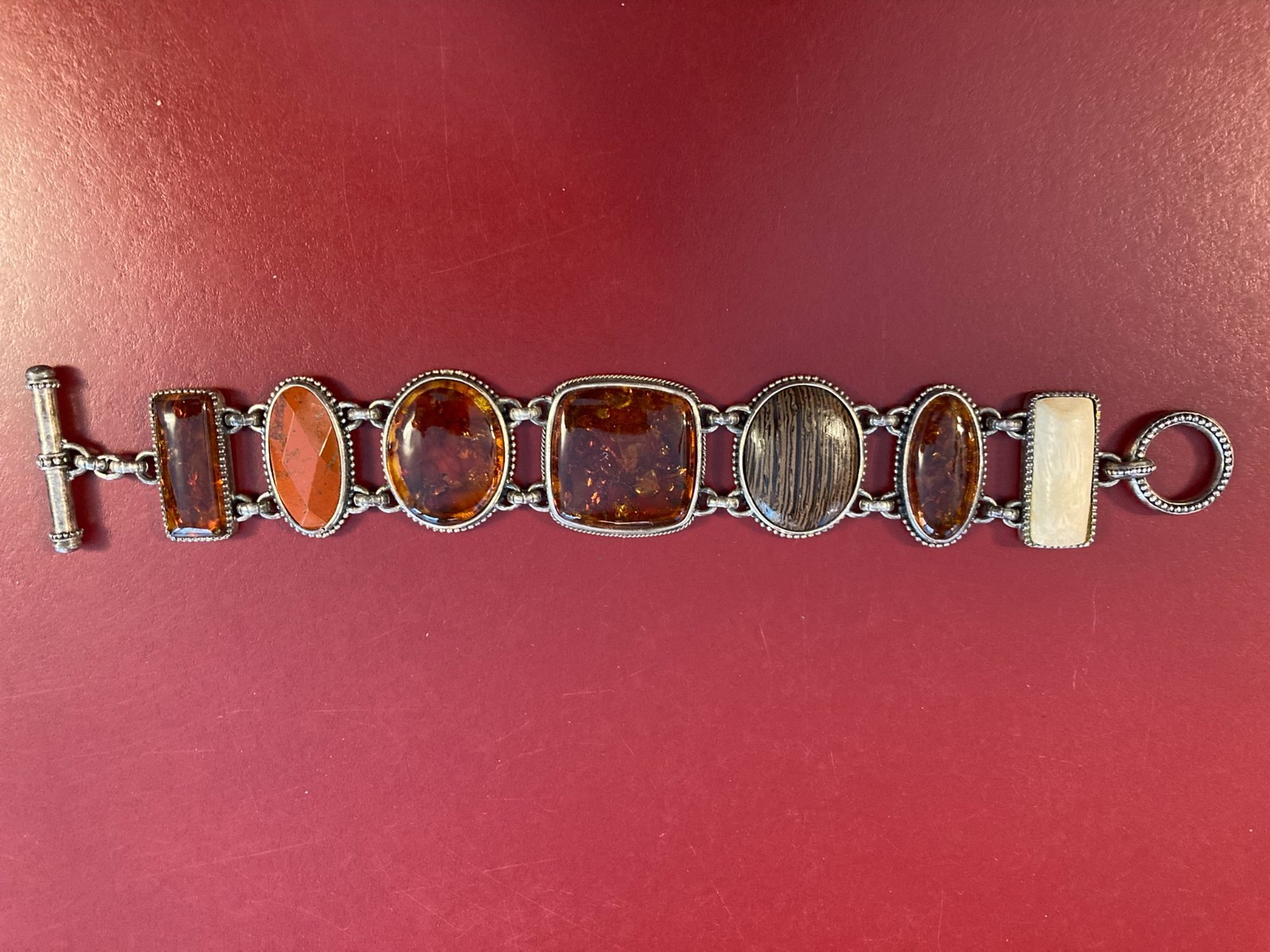 Vintage Amber, Ivory, Brown Cabochon Bracelet Sterling Silver