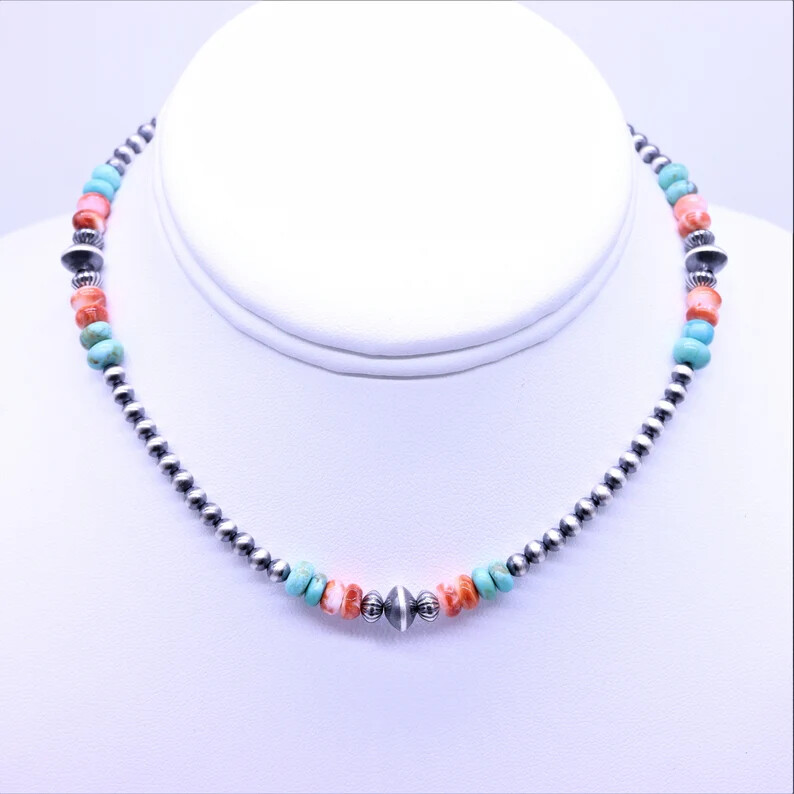 Kingman Turquoise and Spiny Oyster Necklace | Sterling Silver Navajo Jewelry