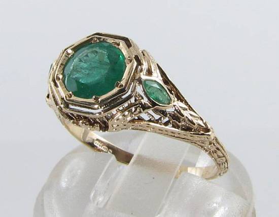 LARGE 9K 9CT GOLD COLOMBIAN EMERALD ART DECO INS FILIGREE RING FREE RESIZE