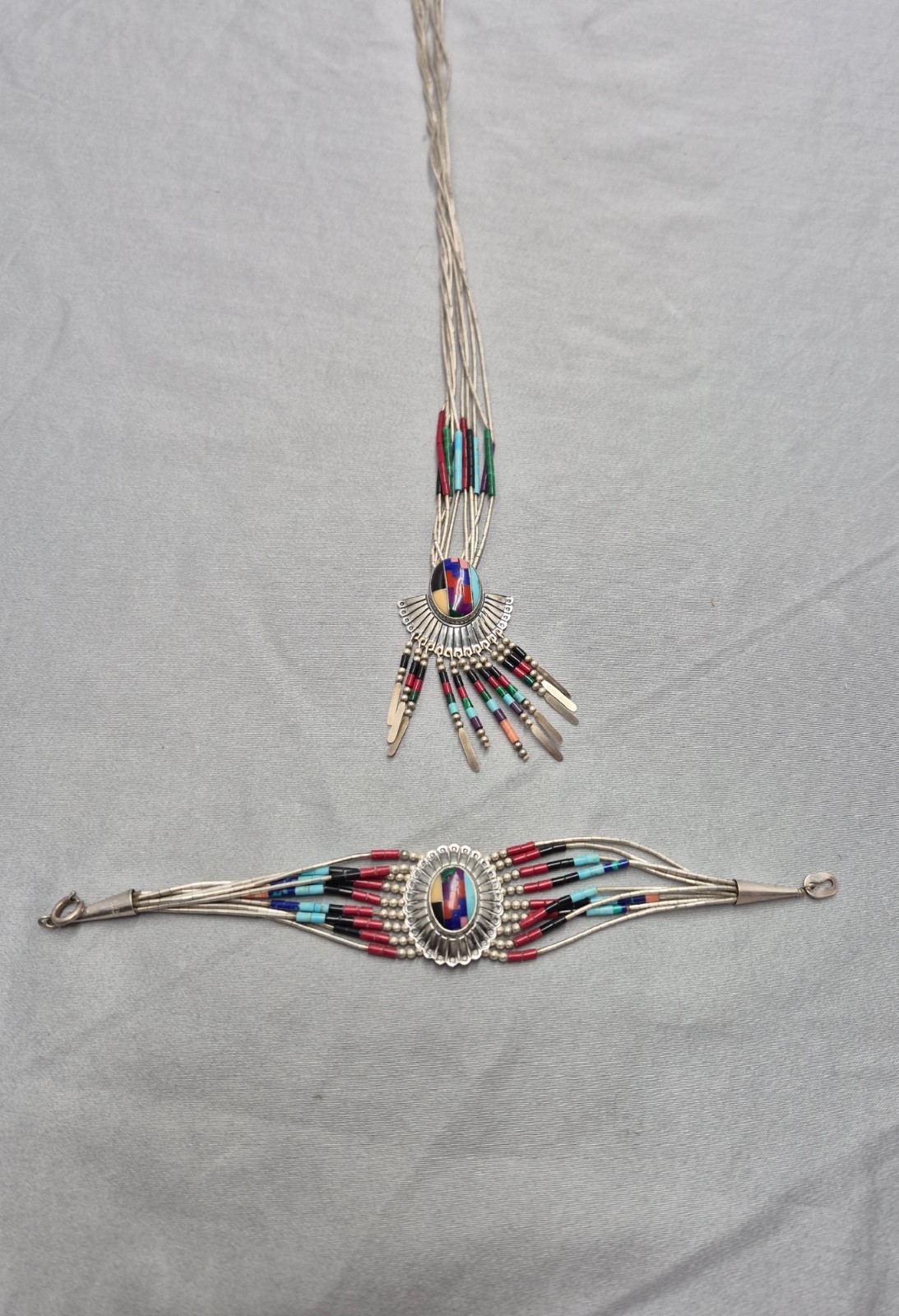 Turquoise 10 Strand Liquid Silver Necklace & Matching 10 Strand Bracelet