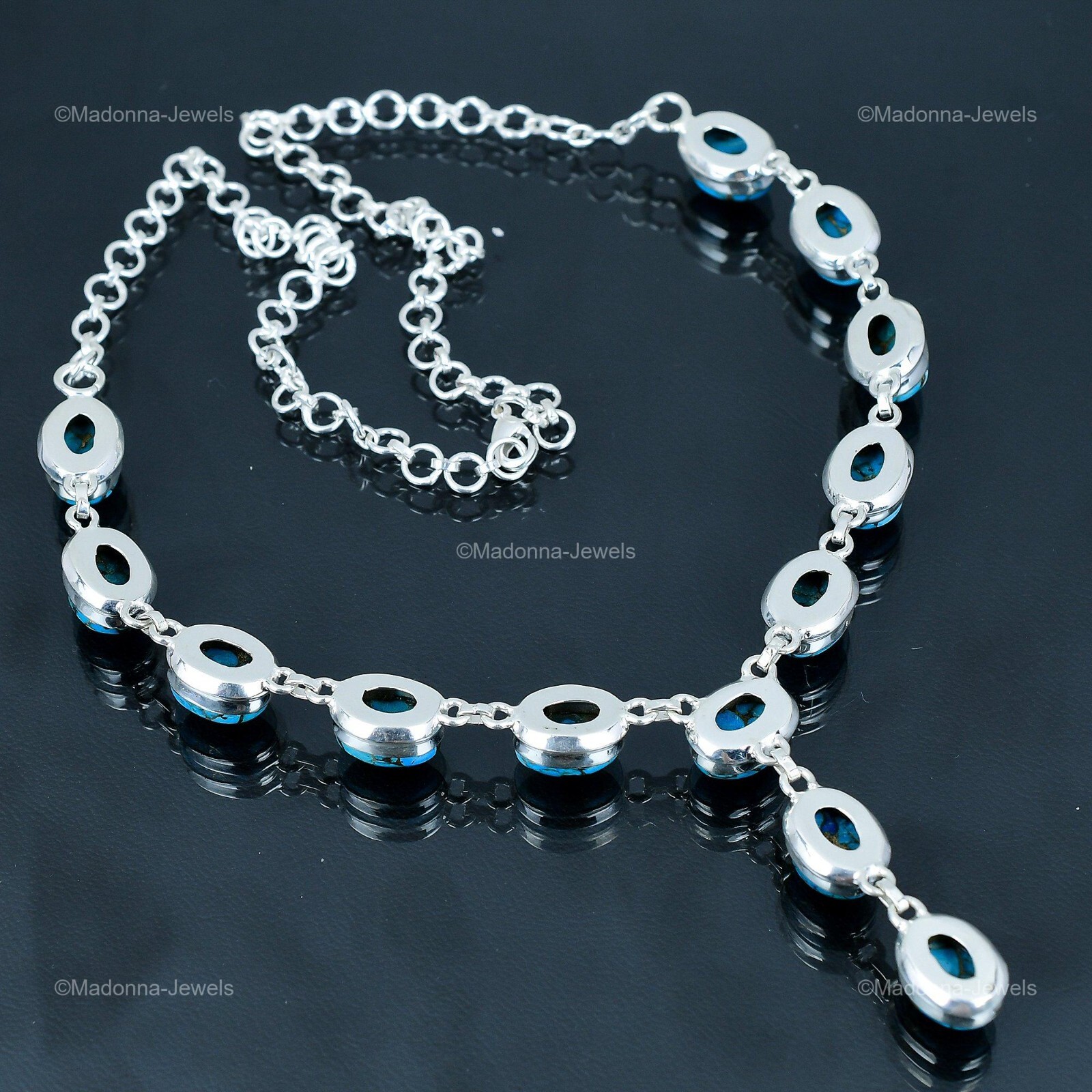 Sterling Silver Copper Blue Turquoise Stone Chain Throat Chakra Necklace Jewelry