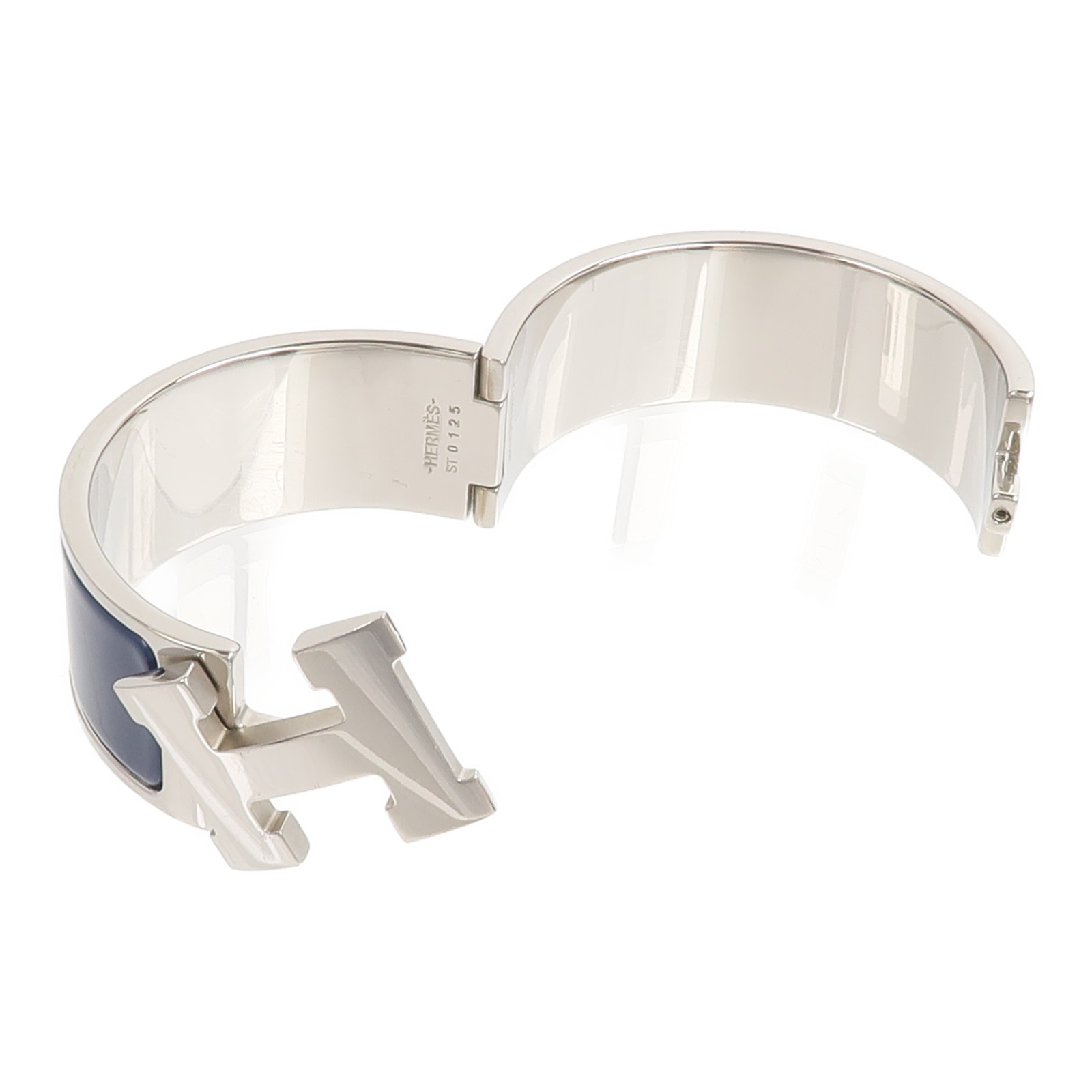 HERMES Clic Clac H Bracelet Metal Enamel Silver Bleu Abysse