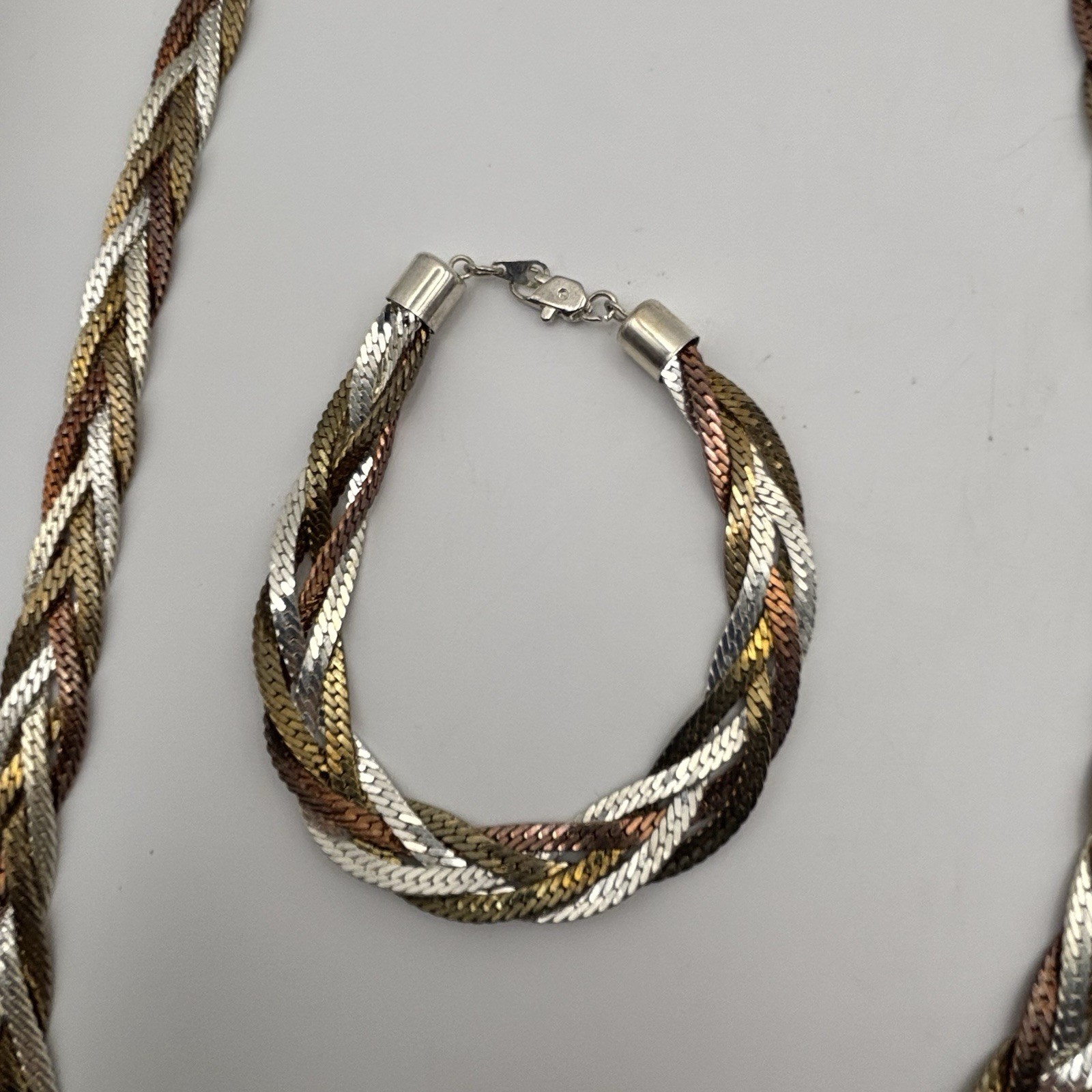 Vtg 925 Color Gold Silver Rose Braided Chain Necklace Bracelet Sterling Silver
