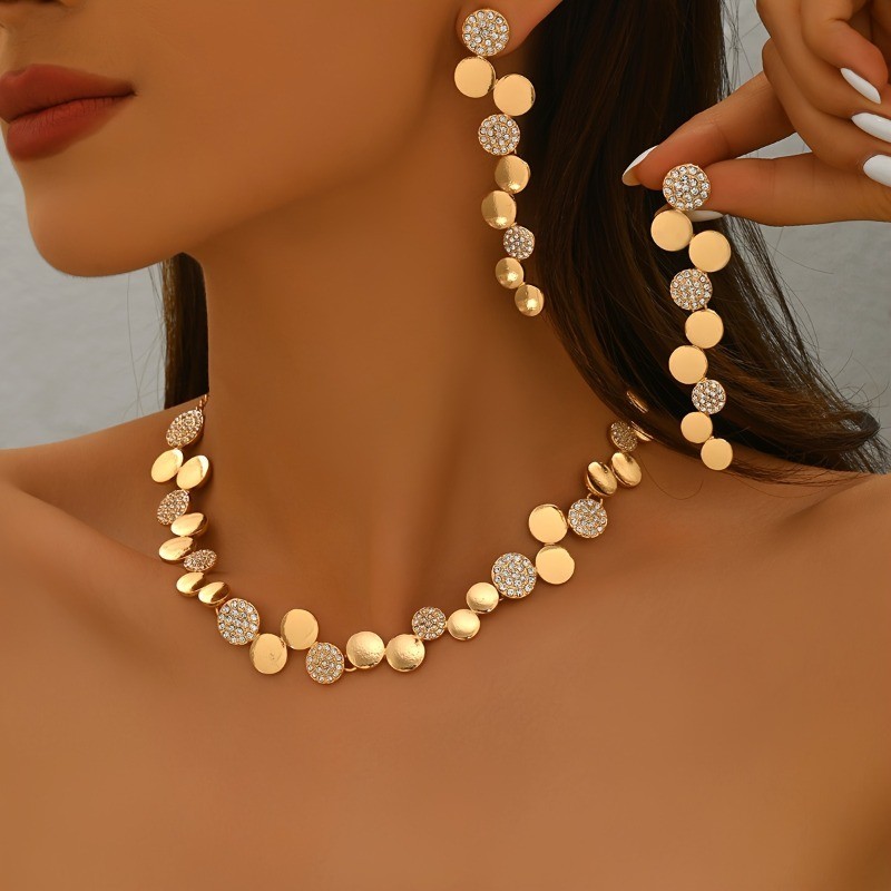 Gold Tone Sequin Disc Necklace Earrings Set Rhinestone Circle Choker Jewelry W