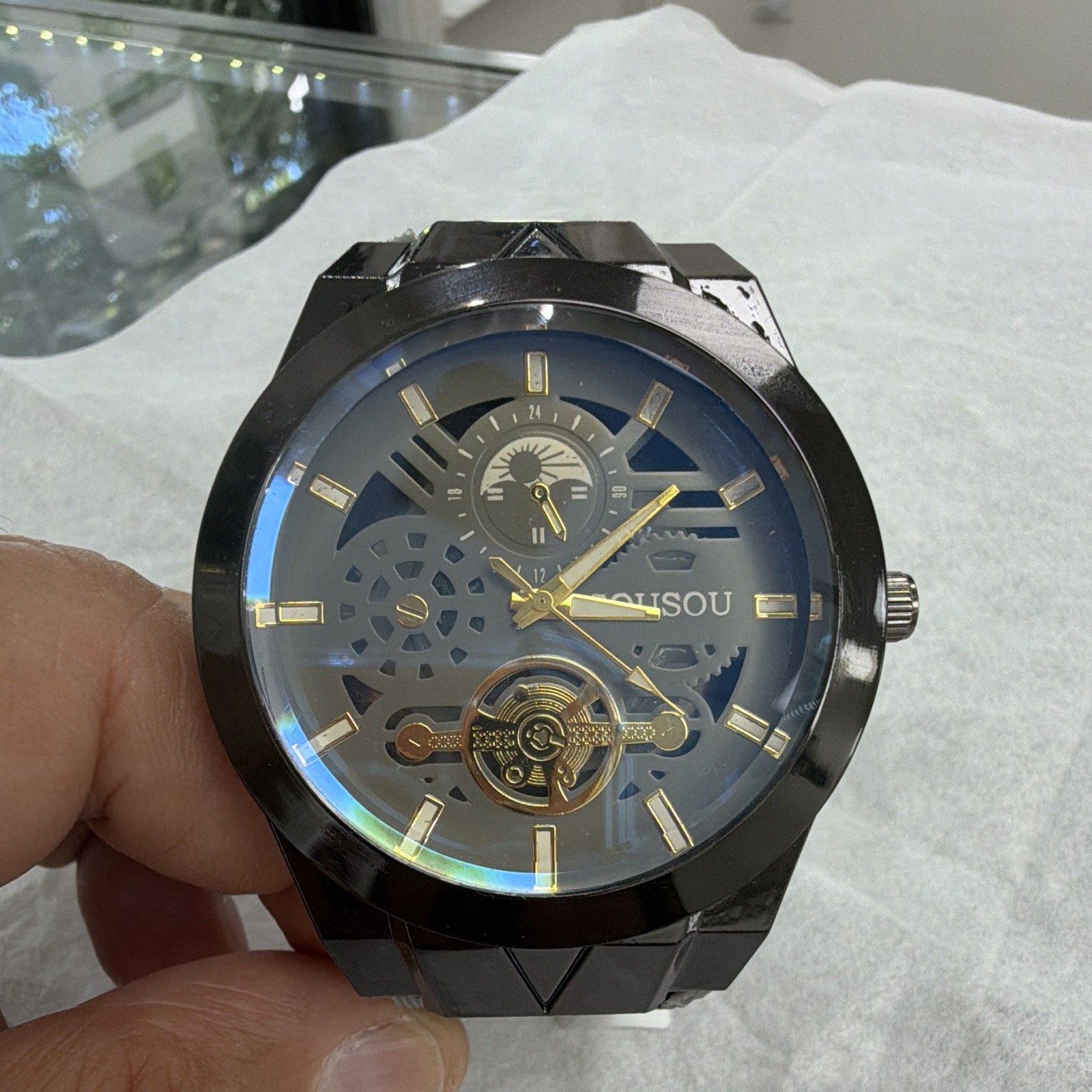 Jiusou Mechanical Automatic Skeleton Dial Analog Watch Black Case Gray Strap