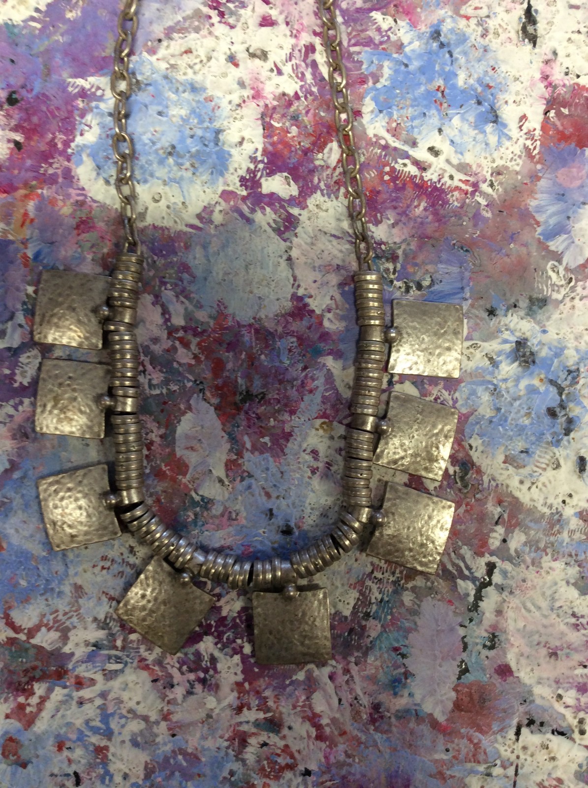 CLEOPATRA BREASTPLATE STYLE JORCEN SIGNED SILVER TONED NECKLACE 20INCH 8 SHIELDS