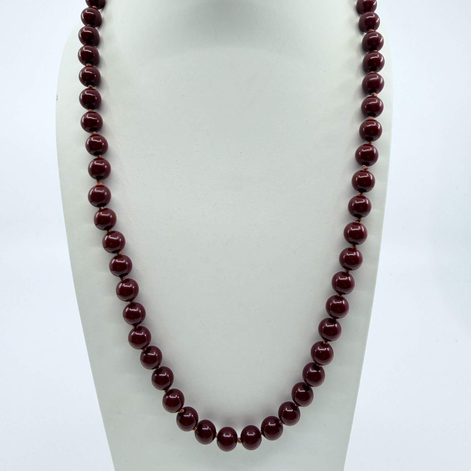 VTG Burgundy Red Glass Simulated Pearl Knotted Strand Necklace Boho Retro