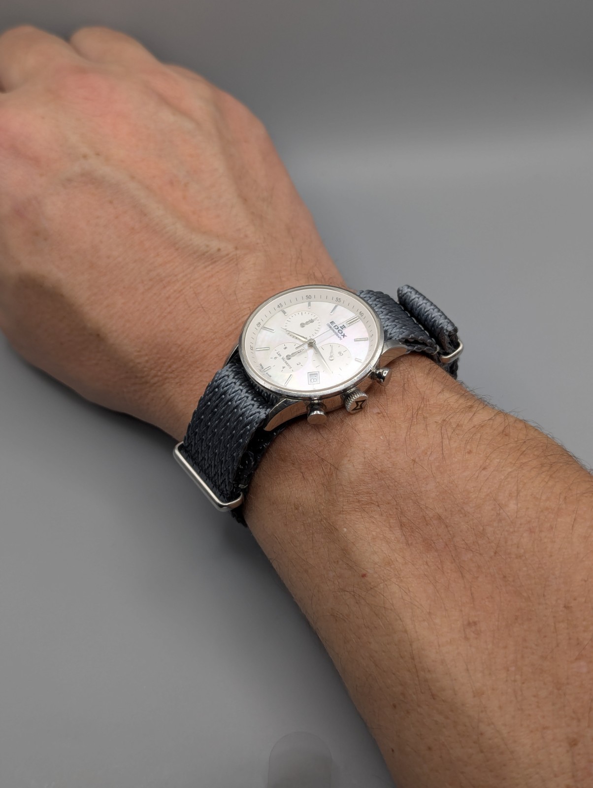 Edox Les Vauberts Quartz Chronograph. Mother Of Pearl Dial. ZuluDiver NATO Strap