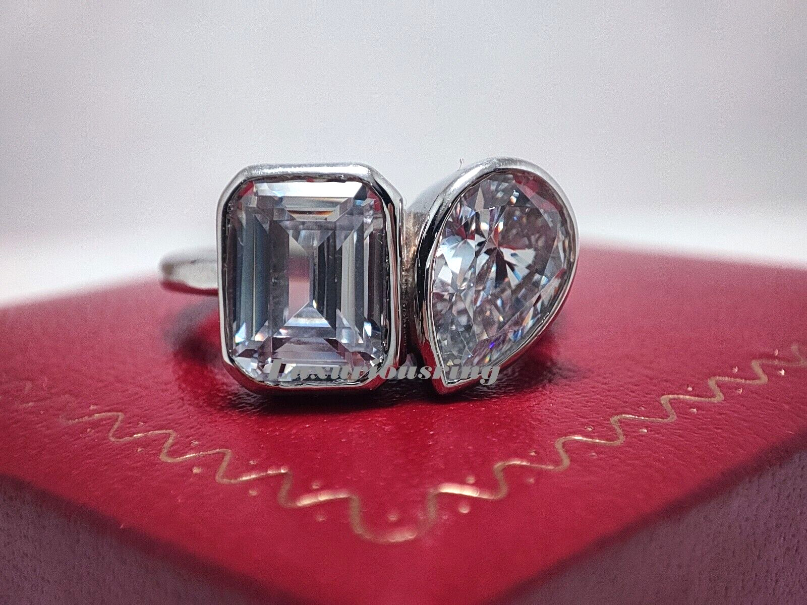 925 Starling Silver White Moissanite Toi Et Moi Ring, Two Stone Bezel Set Ring
