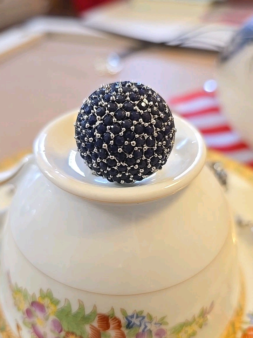 Silver Women’s Ring with Blue Cluster Rhinestones Size 7-9 Adjustable Cocktail