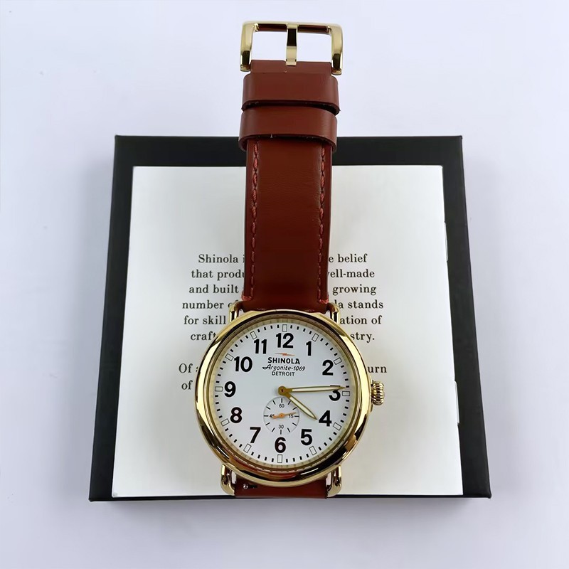 Men Shinola Runwell Argonite 1069 White Dial Gold Case Quartz Watch 47mm Leather