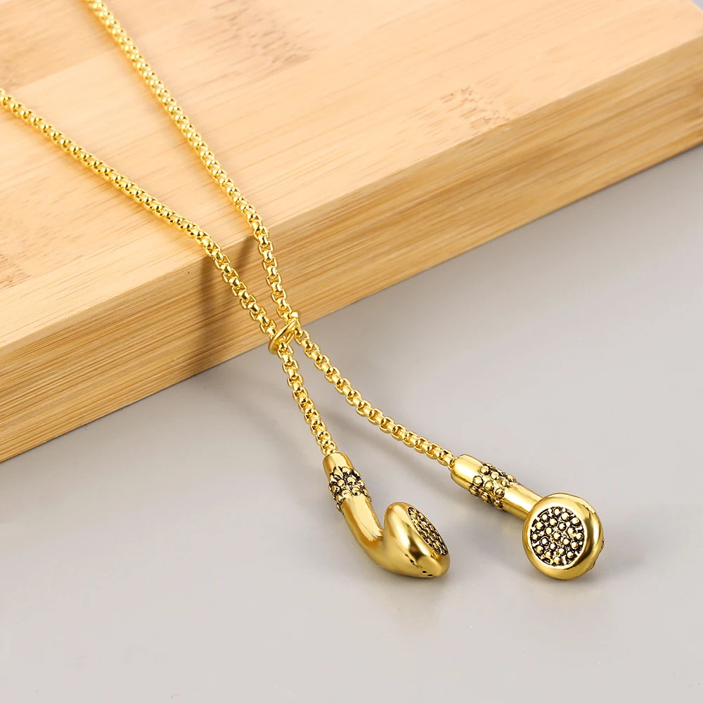 Headphones Pendant Necklace Kirsite Music Earbuds Metal Chain Punk Men Jewelry