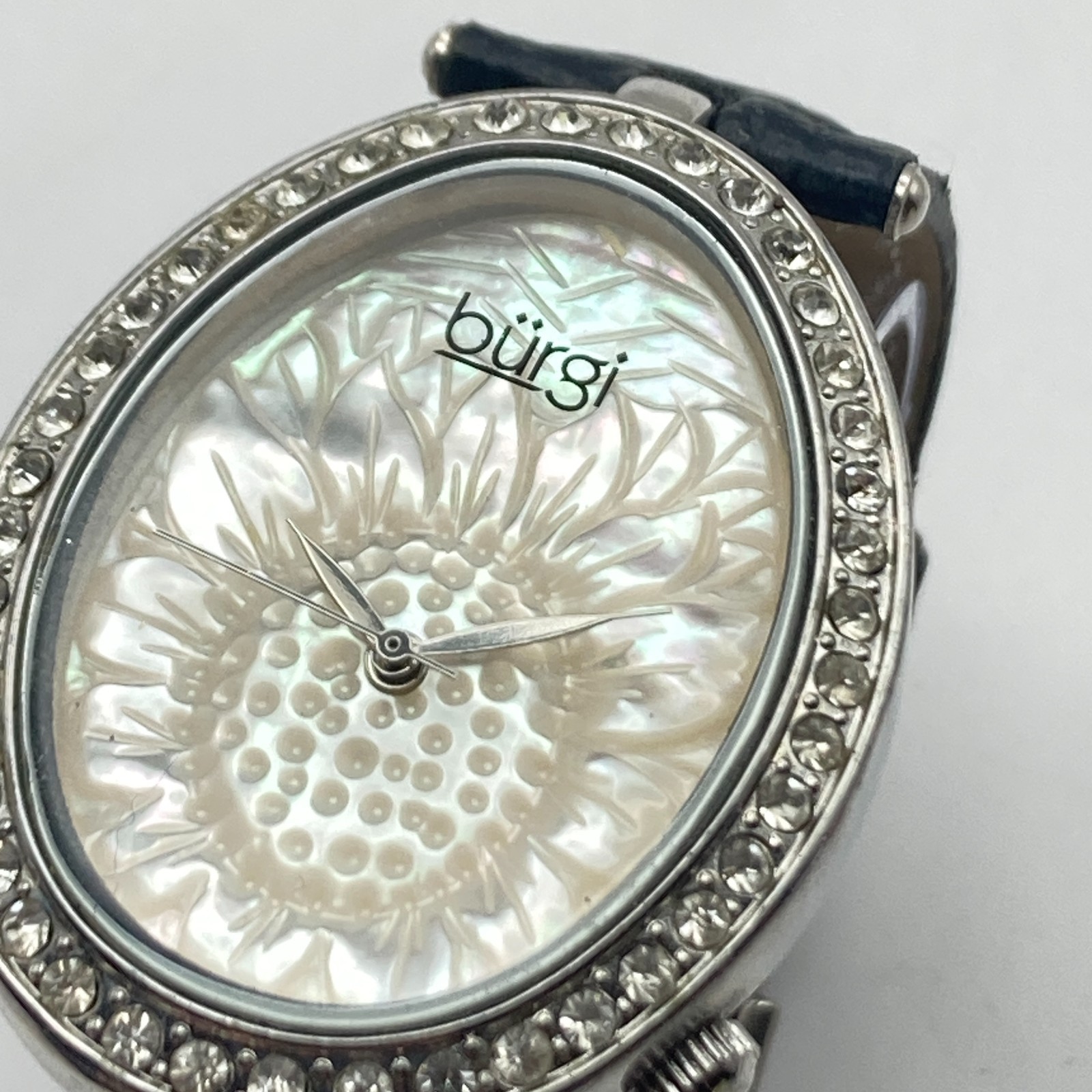 Burgi Women’s Watch Silver Tone Crystals Floral Dial 33mm Oval New Battery 8.75″