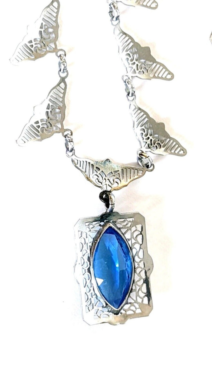 VintageEdwardian Filigree Silvertone Blue Glass Lariat Necklace and Bracelet