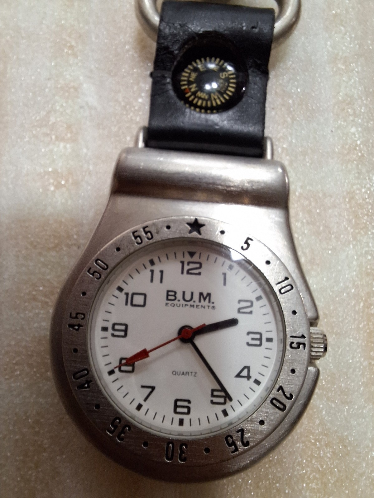 B.U.M. Equipment Quartz Key Ring Clip Watch w/ Compass, White Dial, Silver SS