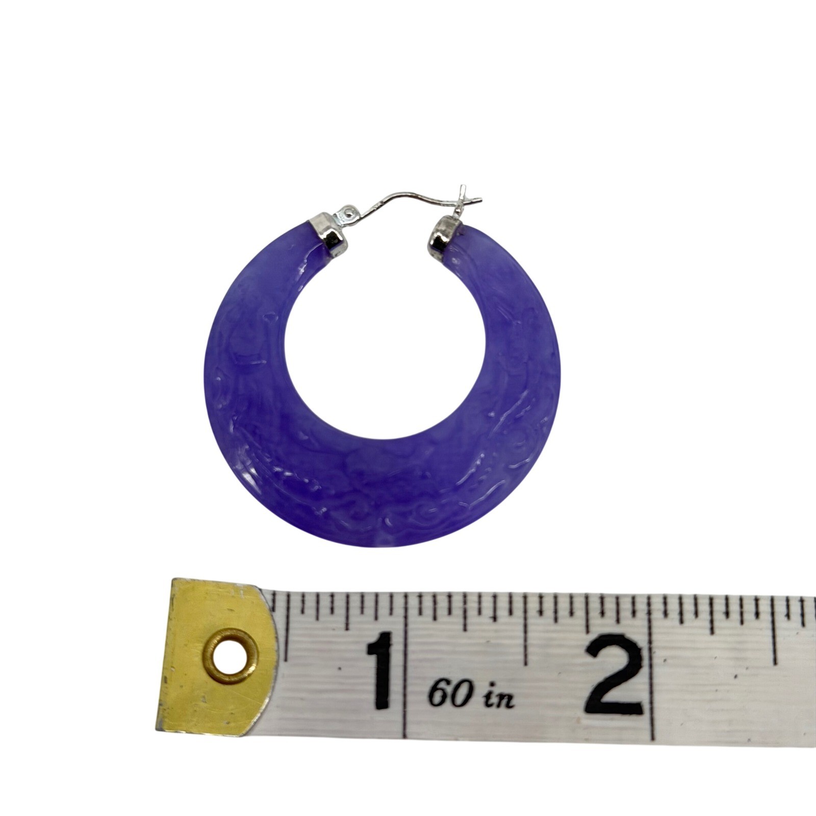 Purple Carved Jadeite Hoop Earrings Sterling Silver Latch Back Statement