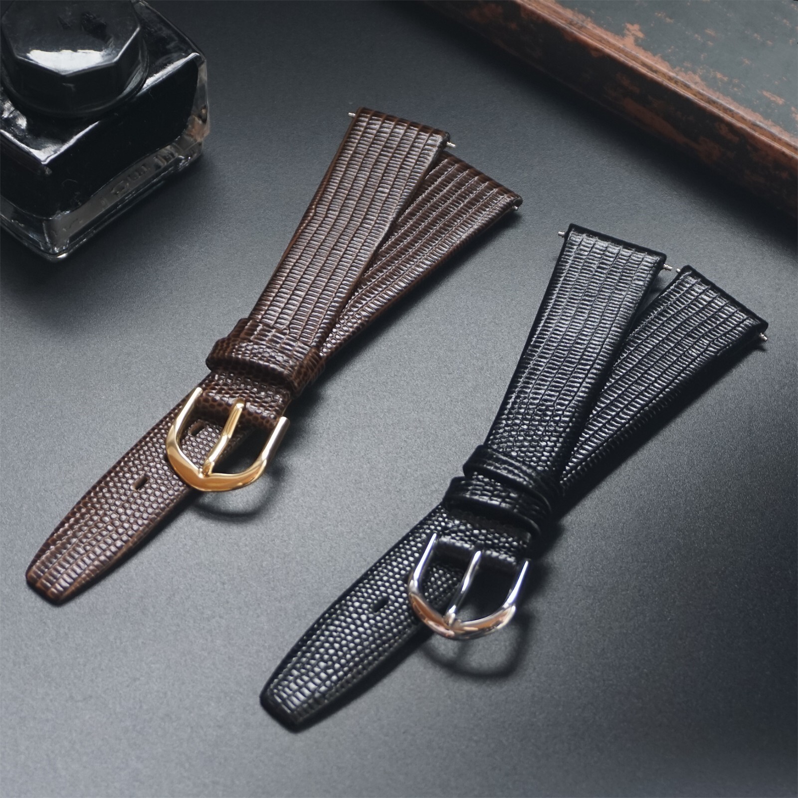 12 14 16mm 17mm 18mm 19mm 20mm Watch Band Strap Lizard Calf Leather Black Brown