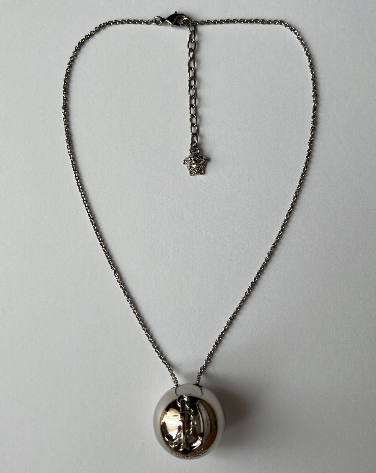 NIB Versace Nautical Anchor Logo Large Silver Sphere Round Pendant Necklace $975