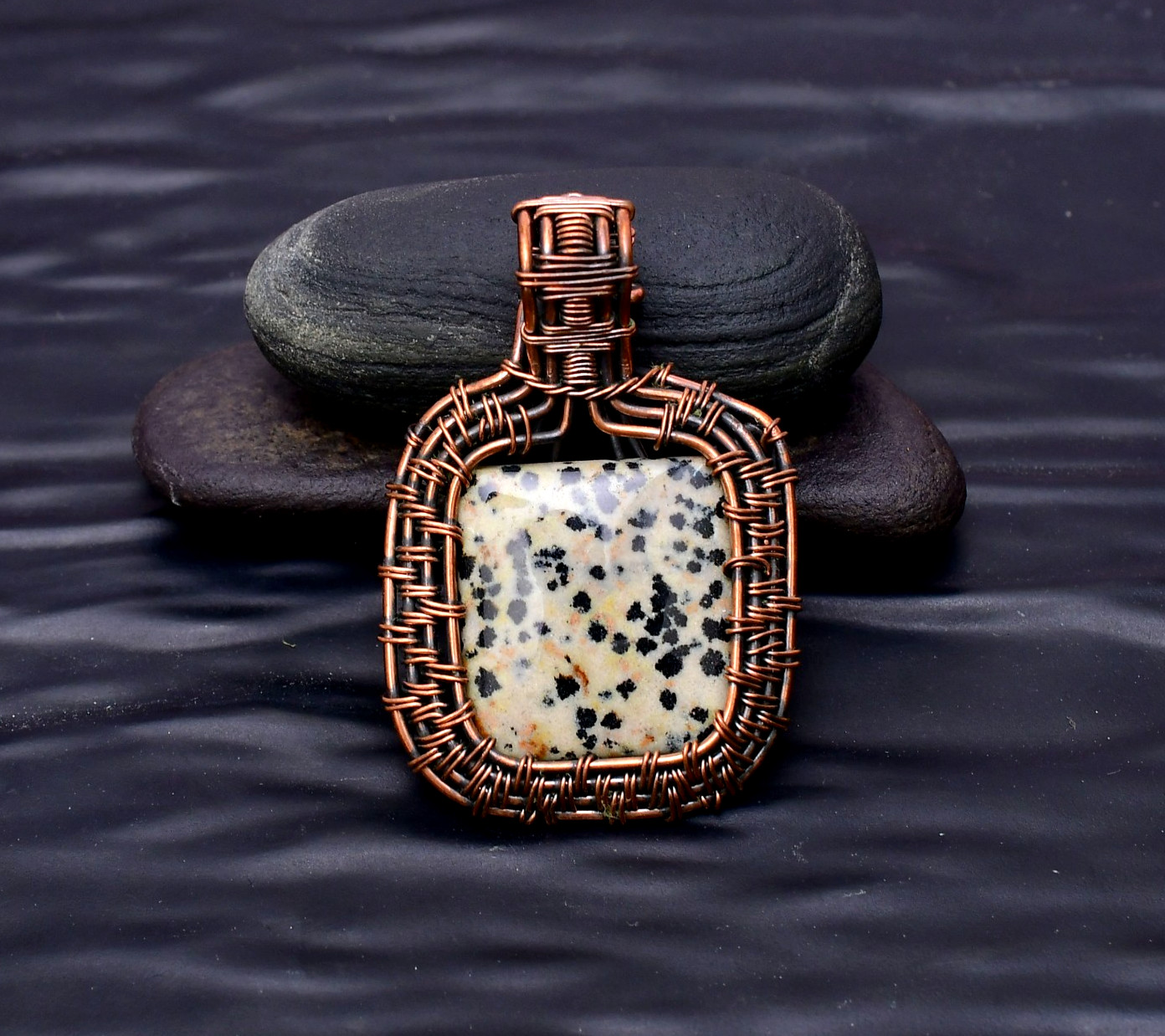 Dalmatian Jasper Gemstone copper wire wrapped Handmade pendant Jewelry 1.96″