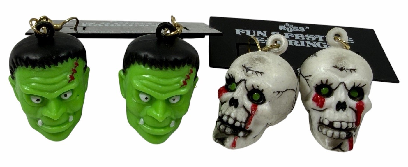 2 PAIRS Vintage Halloween Earrings Frankenstein Monster Skulls Russ Dangle Drop
