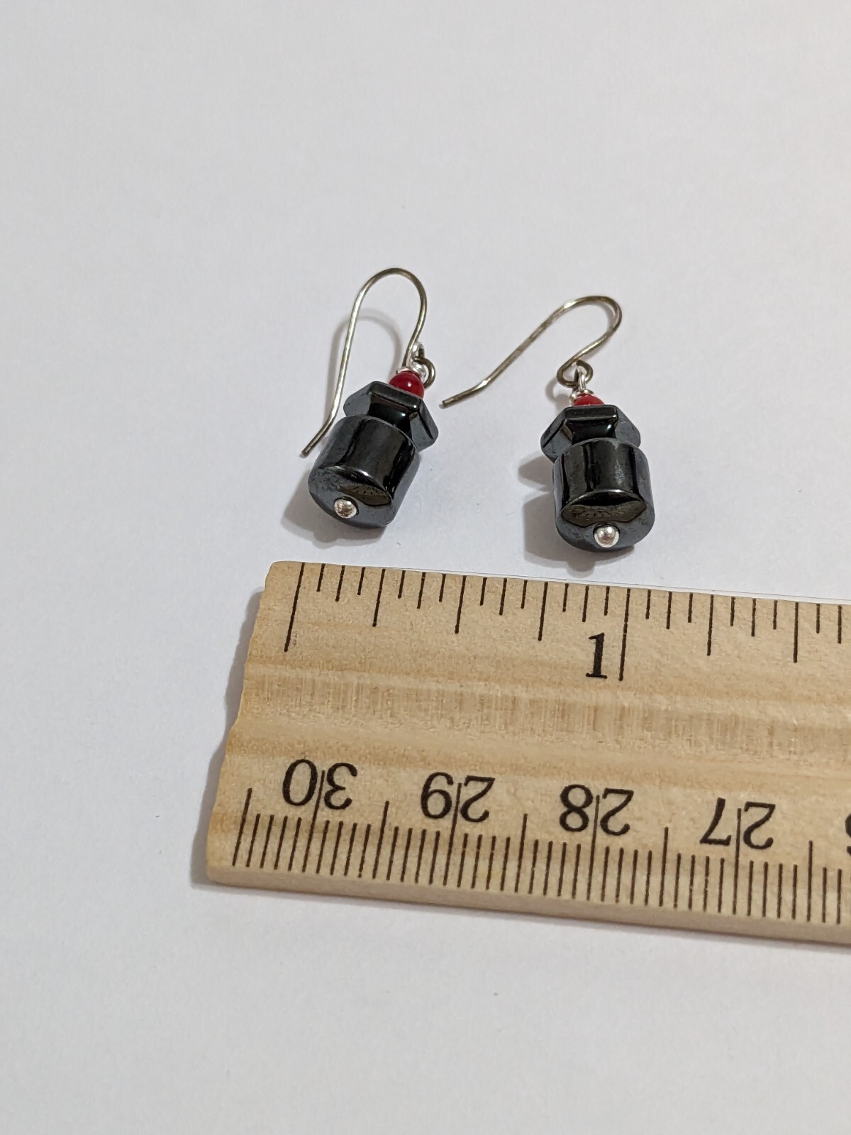 Silver Tone Hook Earrings With Black Hematite And Red Acrylic Beads. Modern. 1″