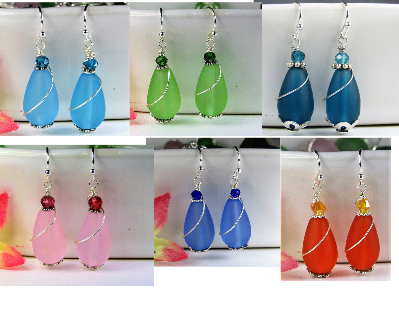 Teardrop-Shaped Frosted Sea Glass Silver Swirl Wire Ladies Dangle Earrings