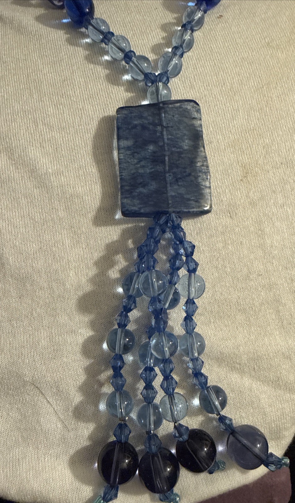 Vintage Blue Glass Crystal Lariat Necklace With Crystal Pendant