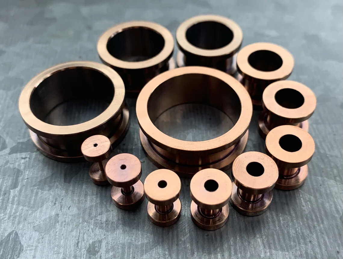 PAIR Bronze Plated Steel Screw Fit Tunnels Plugs Earlets Gauges Body Jewelry