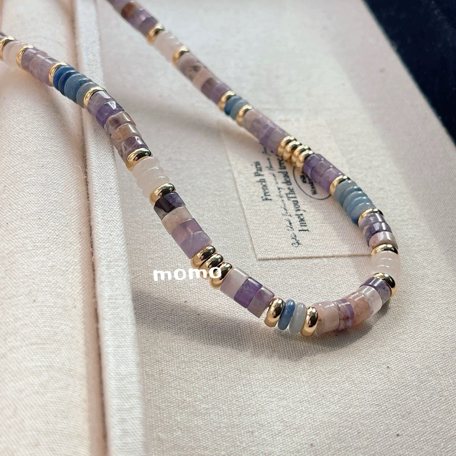 Layered Jade Necklace Set, Purple/Blue/White Beads, 18K Gold Plated, Handmade