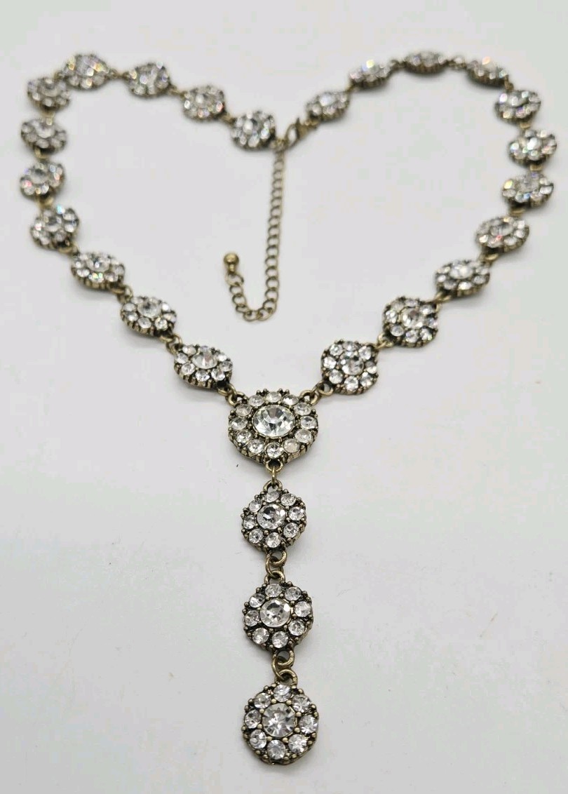 Flower Crystal Rhinestone Necklace Y Drop Gold tone Wedding Prom Pageant 20.5 in
