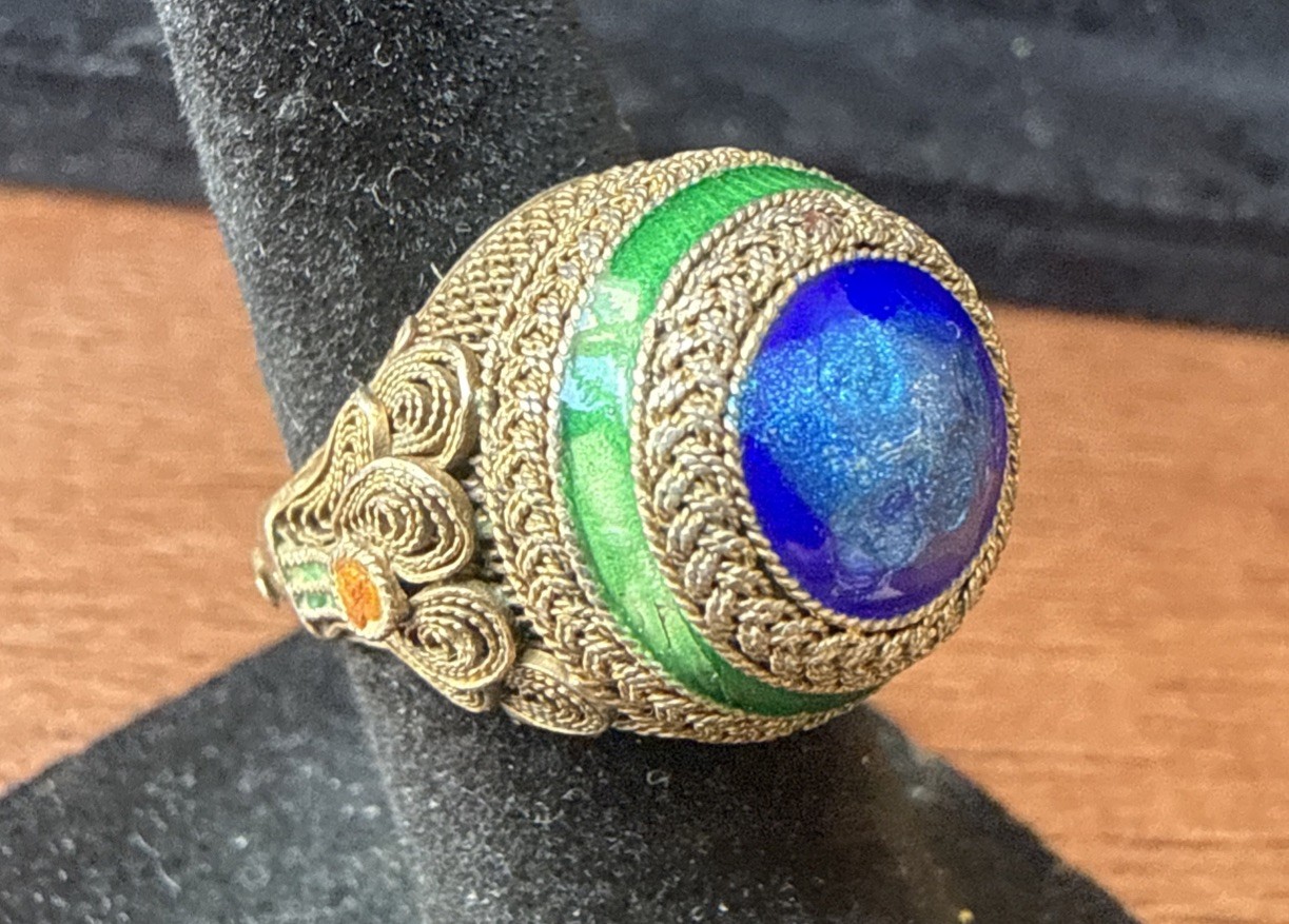Antique Chinese Export Silver Vermeil Enamel Blue Basketweave Ring Adj Sz 4