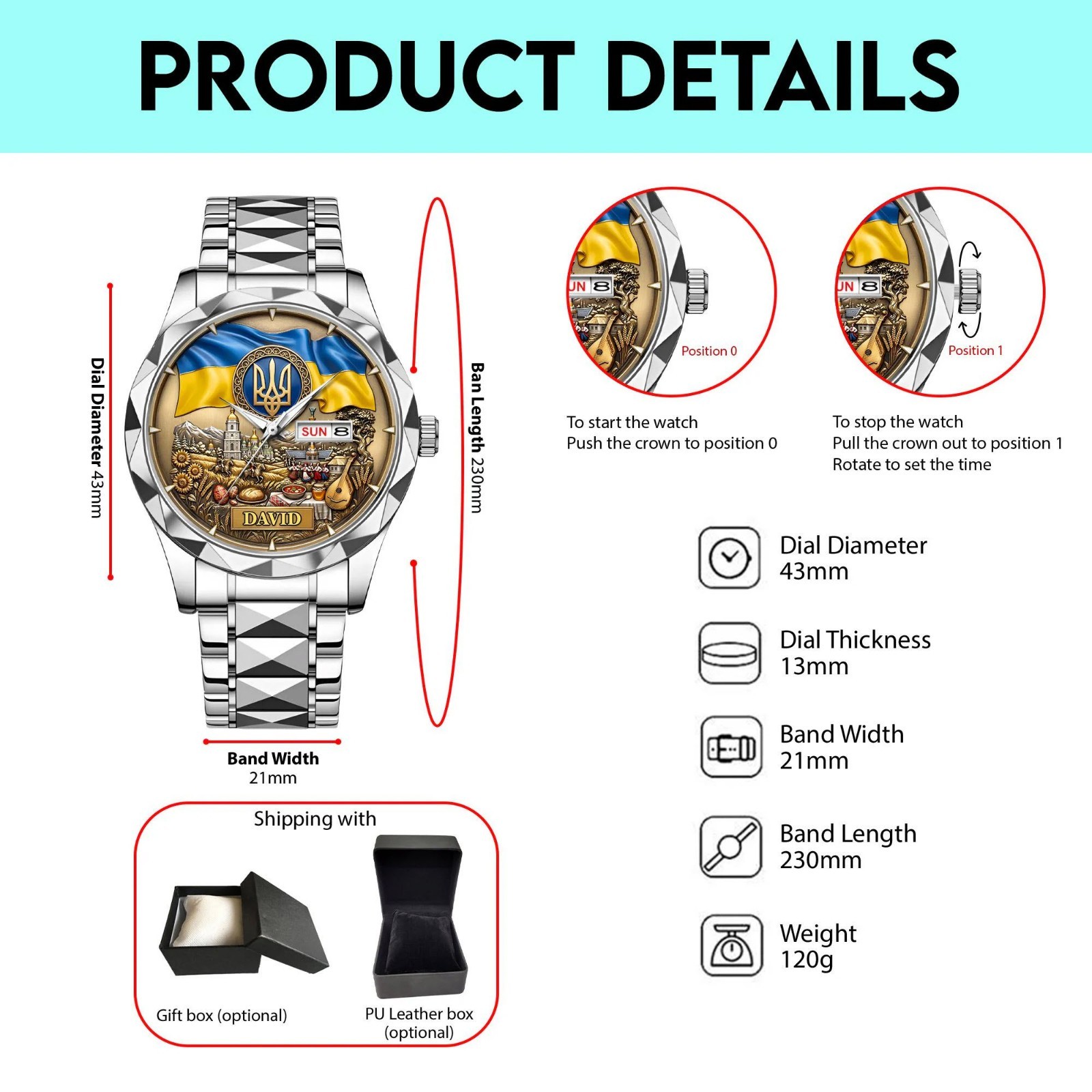 Ukraine Patriotic Watch Personalized Trident Flag Gift Unique Jewelry for Men