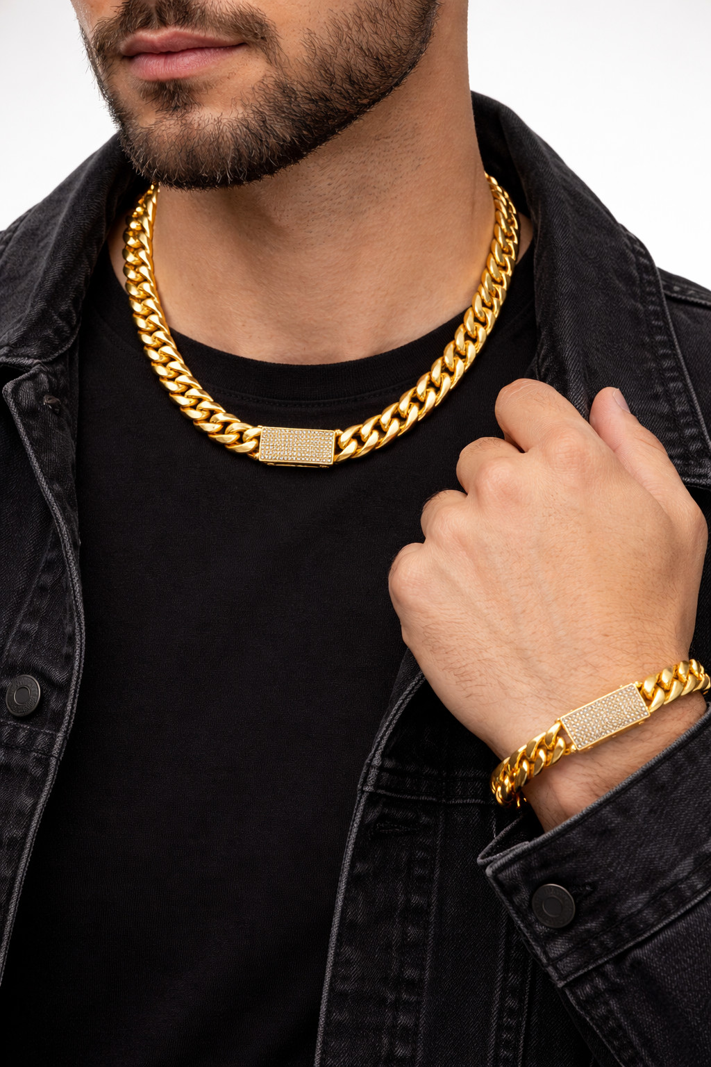 Italian 1/200 14k Yellow Gold Overlay Miami Cuban Iced CZ Chain Bracelet Set in