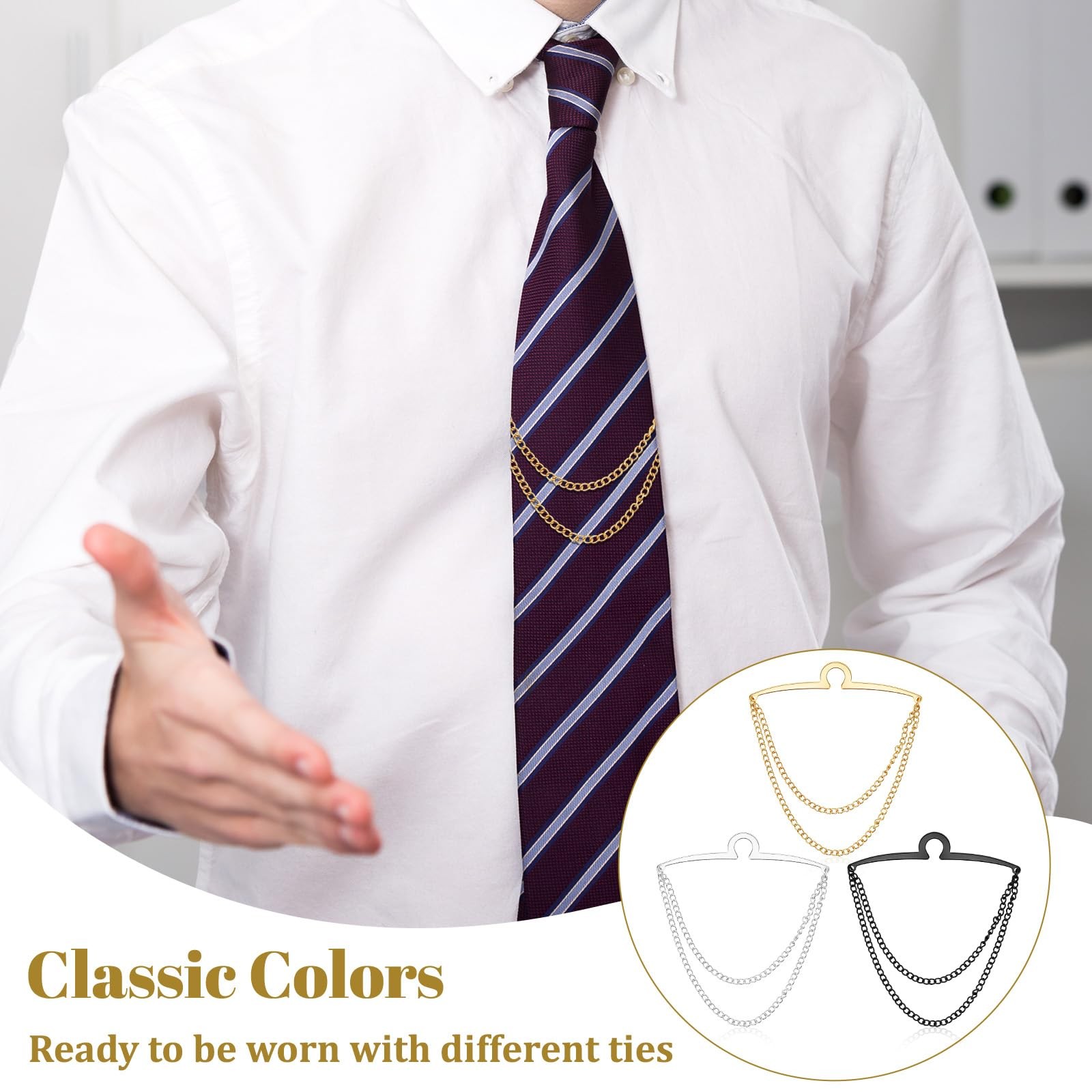 3 Pack Tie Chain for Men, Double Necktie Chains 3 Pack, gold, silver, black