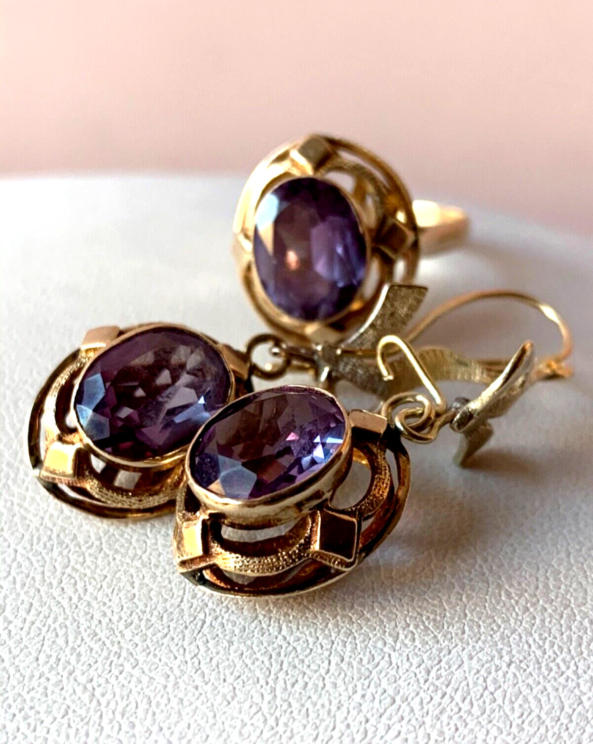 VINTAGE 14K RING & EARRINGS COLOR CHANGE PURPLE SAPPHIRE SET OF 2 CUSTOM MADE