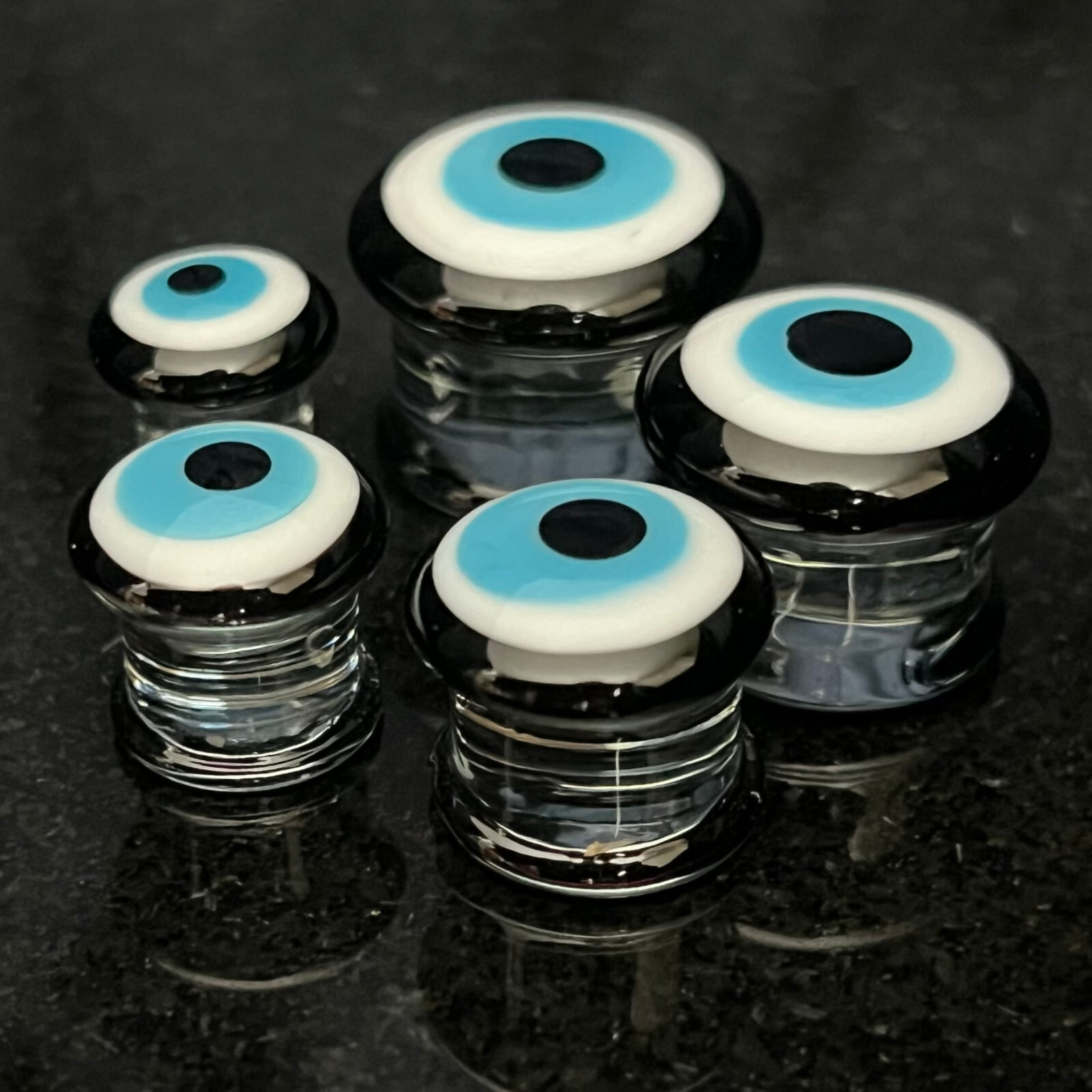 PAIR Evil Eye Glass Double Flare Plugs Tunnels Gauges Piercing Body Jewelry
