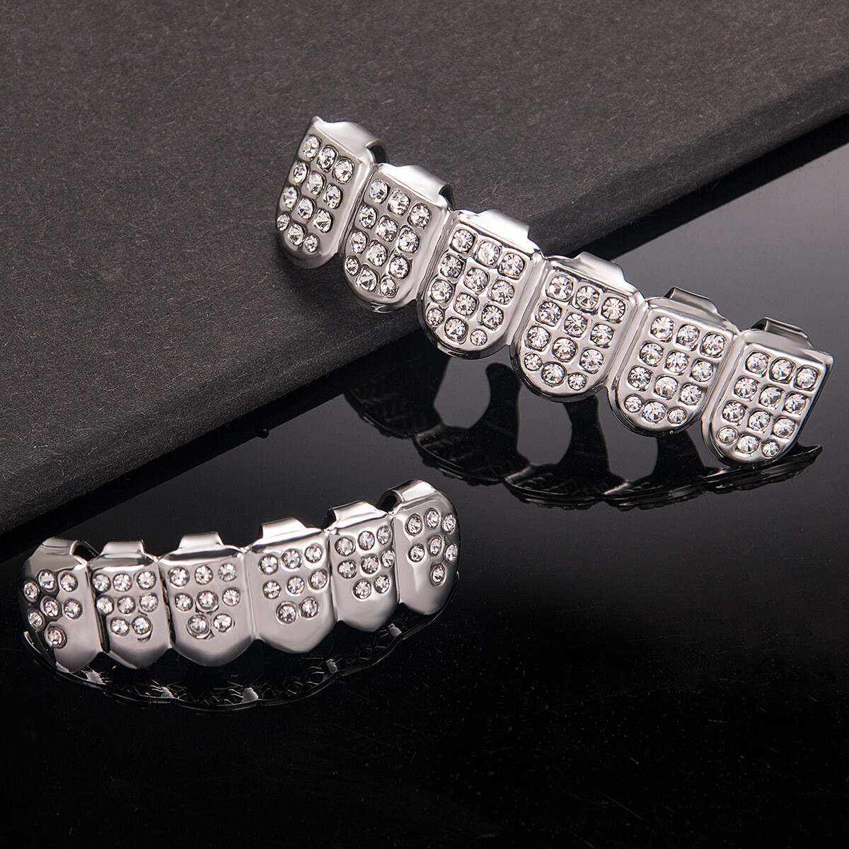 18K Gold/Silver/Black Plated Hip Hop Teeth Grillz Top Bottom Mouth Diamond Grill