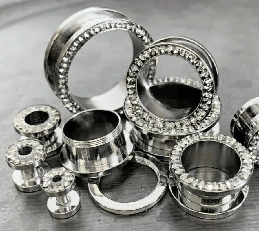 PAIR Epoxy over CZ Gem Rim Tunnels Plugs 316L Surgical Steel Screw Fit Gauges