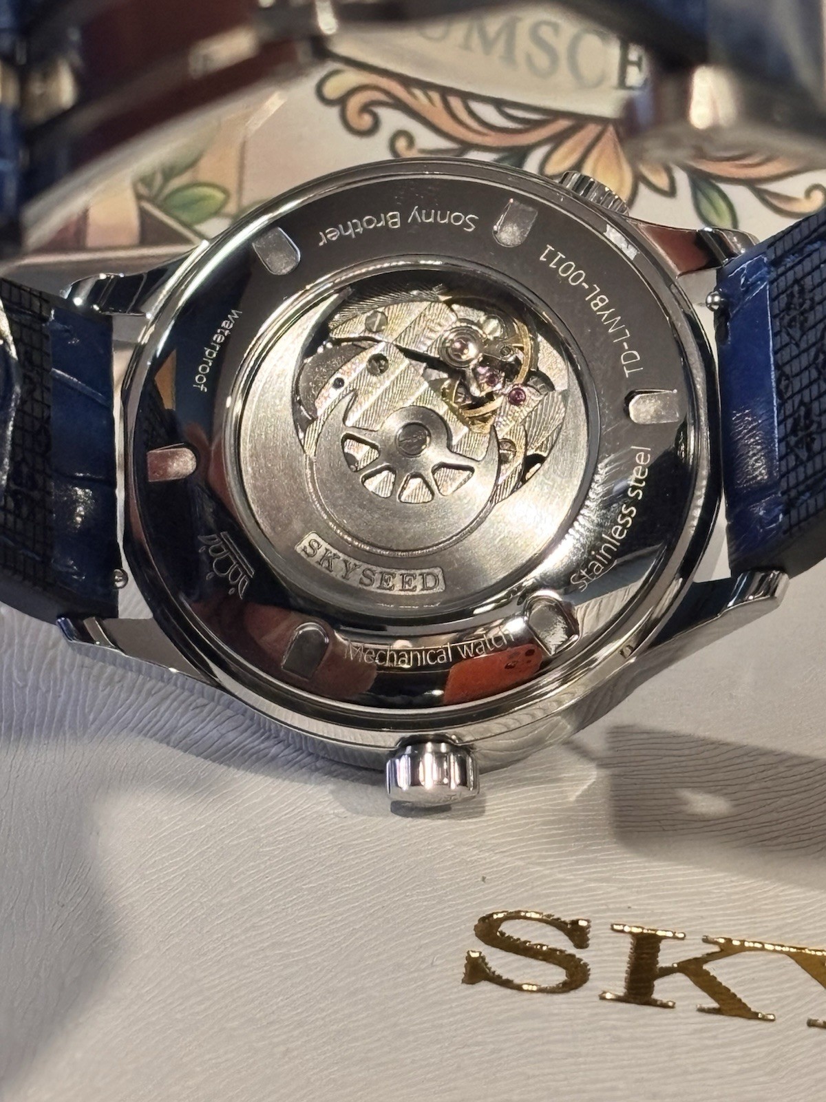 SKYSEED Celestial Blue Automatic Wristwatch, Exhibition Caseback, Leather Band