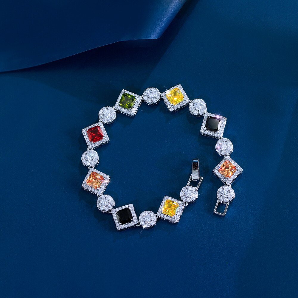 Trendy Silver Plated Multicolor Cubic Zirconia Rhombus Tennis Bracelet for Women