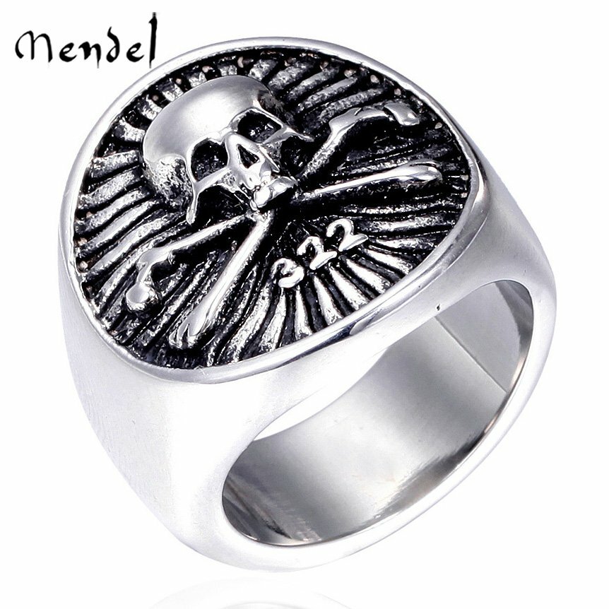 MENDEL Mens Secret Society 322 Skull And Bones Ring Stainless Steel Size 7-14