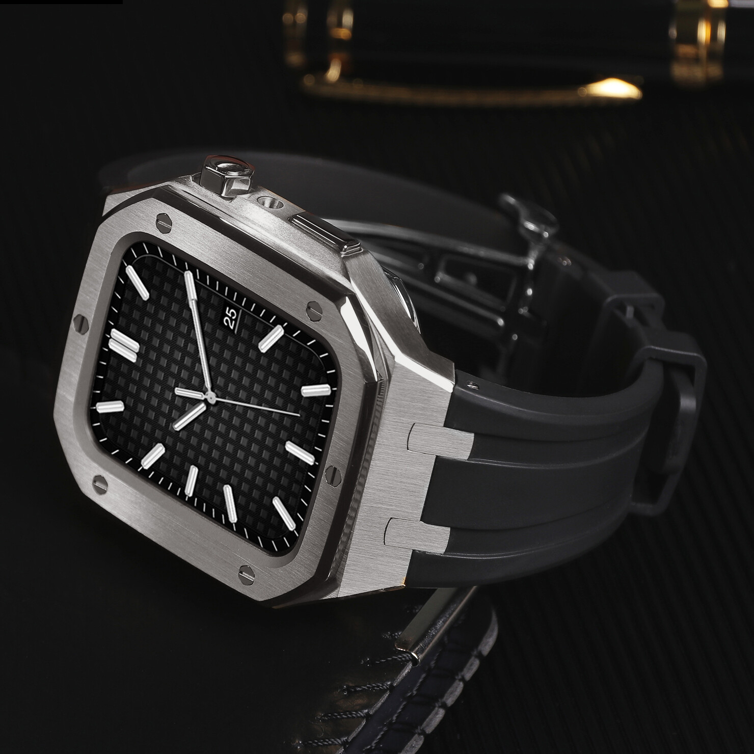 For Apple Watch 42/44/45mm Royal Oak Mod Kit Stainless Steel Case + Rubber Bands
