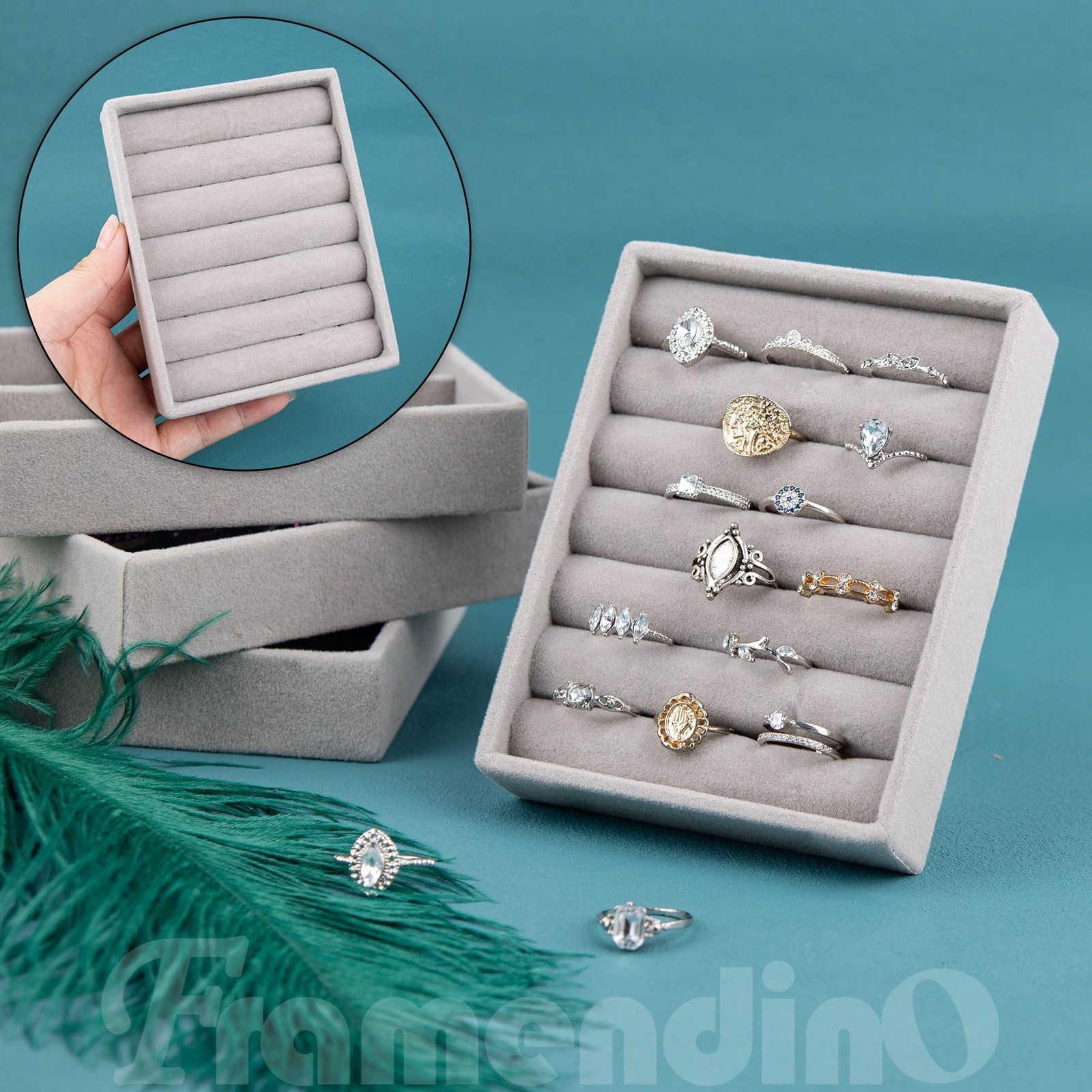 Framendino, 4 Pack Jewelry Tray Ring Display Case Stackable Organizer Trays D…